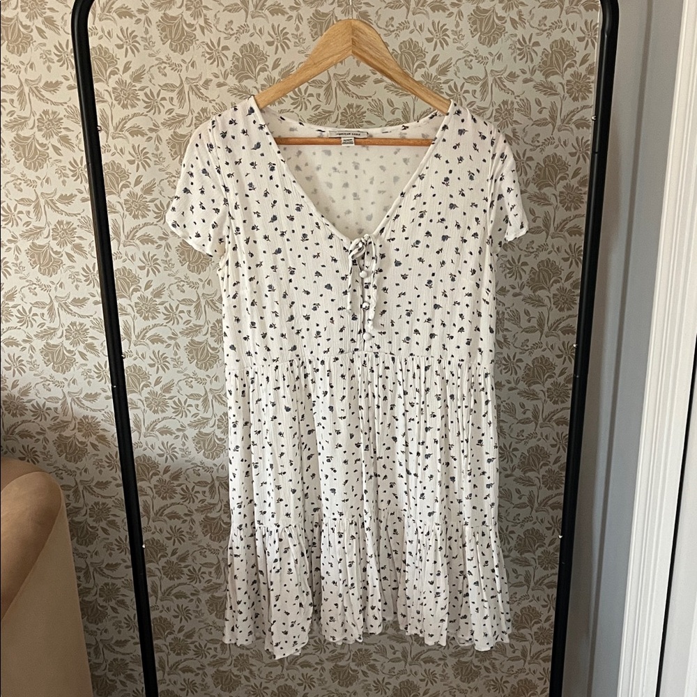 American Eagle Outfitters White Mini Dress with Black Floral Print and Tie Front
